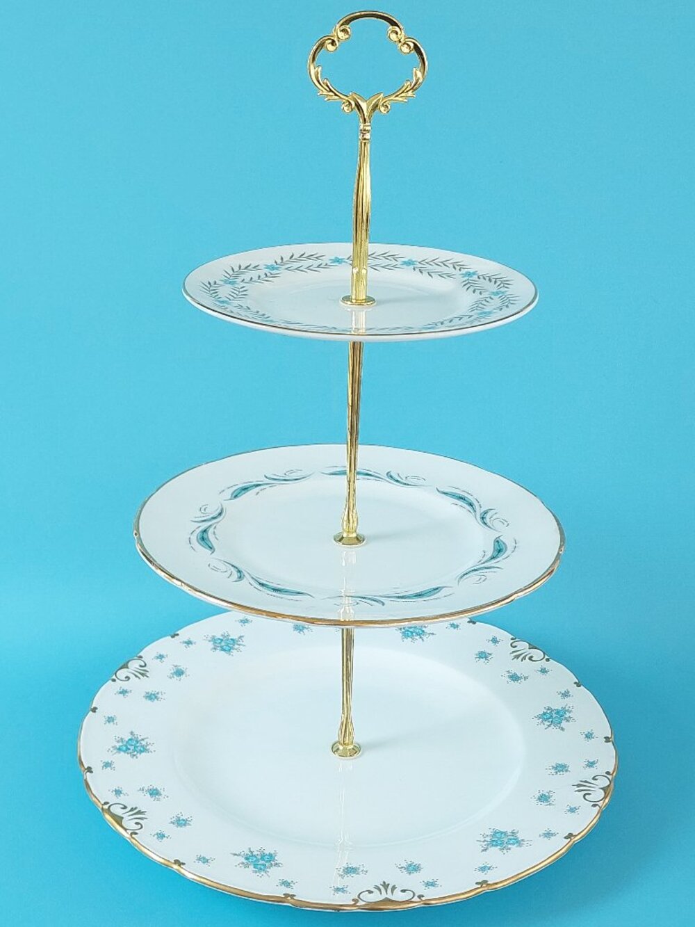 Vintage Bone China 3 Tier Cake Stand Blue Gold Mismatched High Tea Party Server
